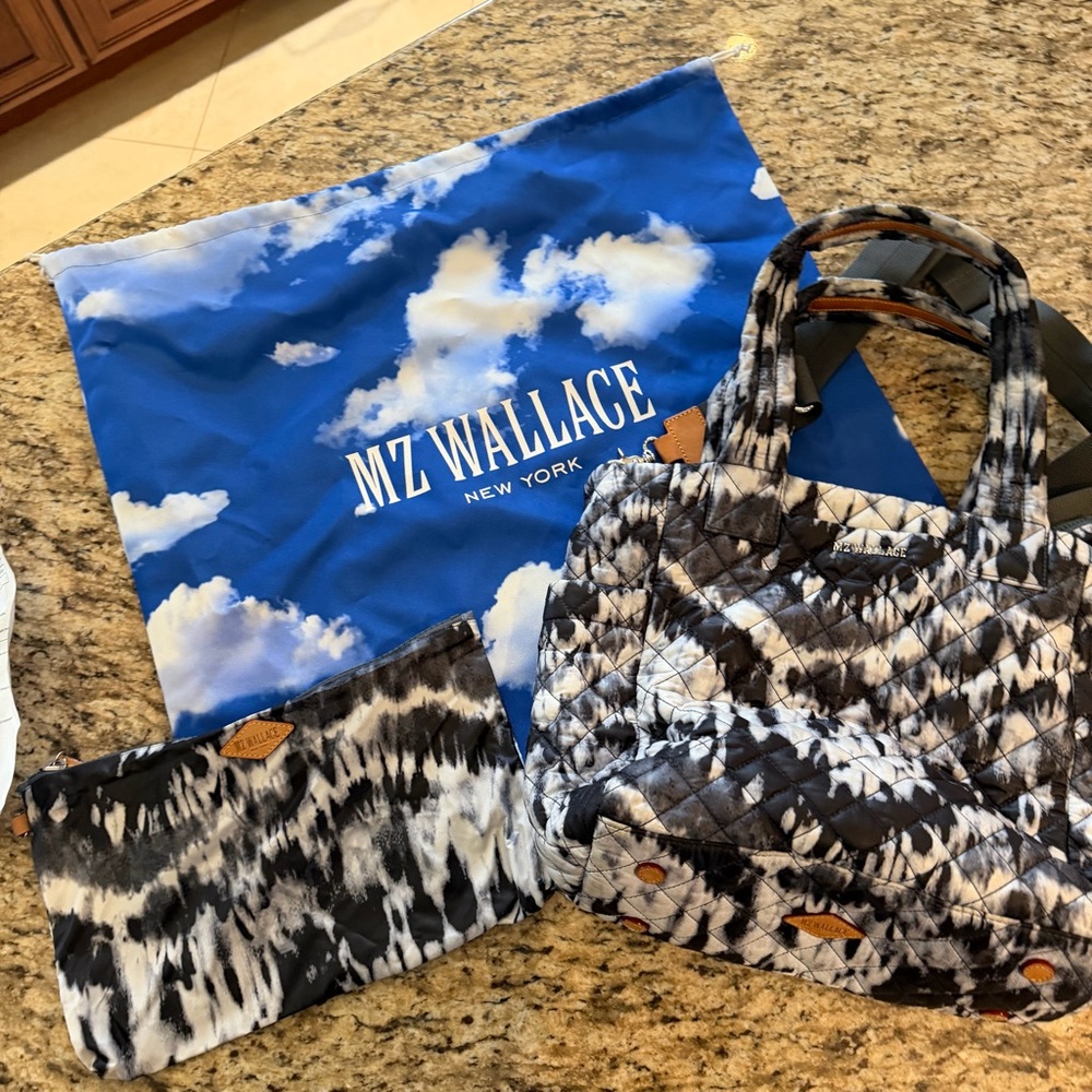 MZ Wallace Black and White Quilted Tote with Pouch